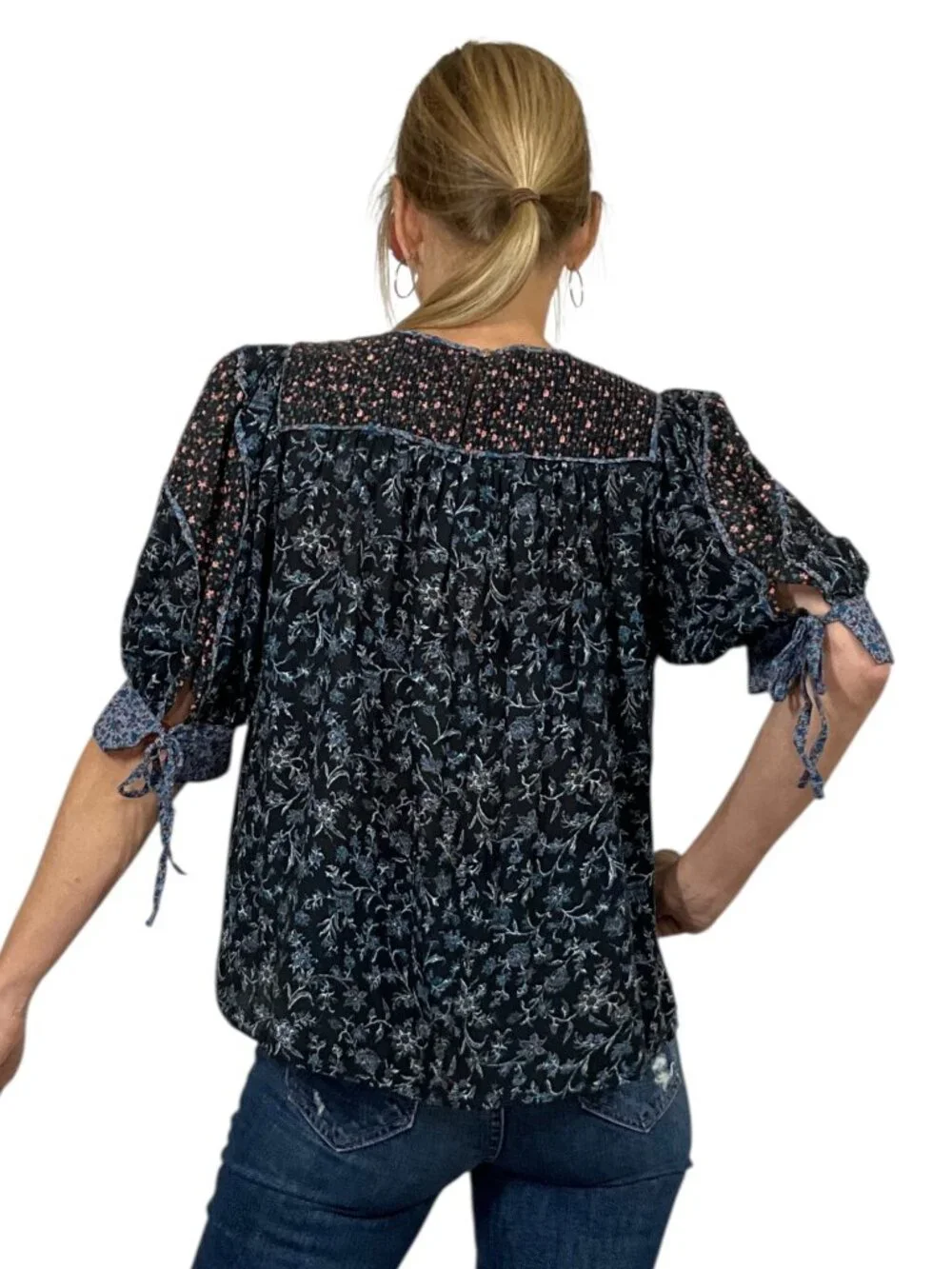 Ulla Johnson Stella Pintucked Top Blouse 6 Floral Puff Short Sleeve